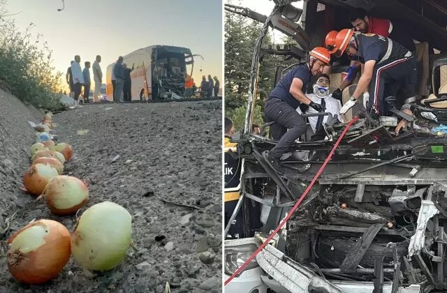 Yolcu otobüsü soğan yüklü kamyona arkadan çarptı: Ölü ve yaralılar var