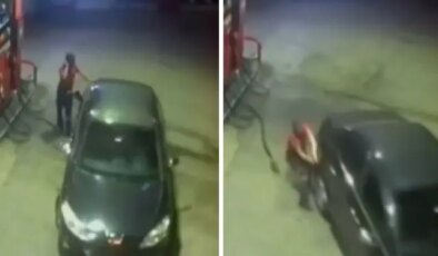 Benzin koyduğu araç hareket etti, elindeki fırlatıp aracı tutmaya çalıştı