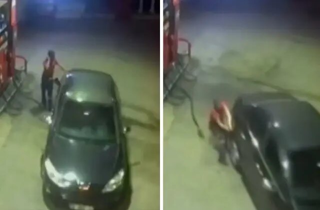 Benzin koyduğu araç hareket etti, elindeki fırlatıp aracı tutmaya çalıştı