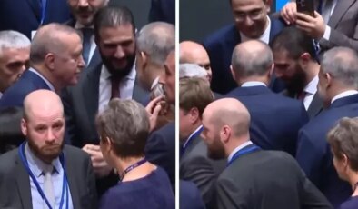 BM zirvesinde tarihi görüntüler! Şara ile Erdoğan’dan ayaküstü sohbet