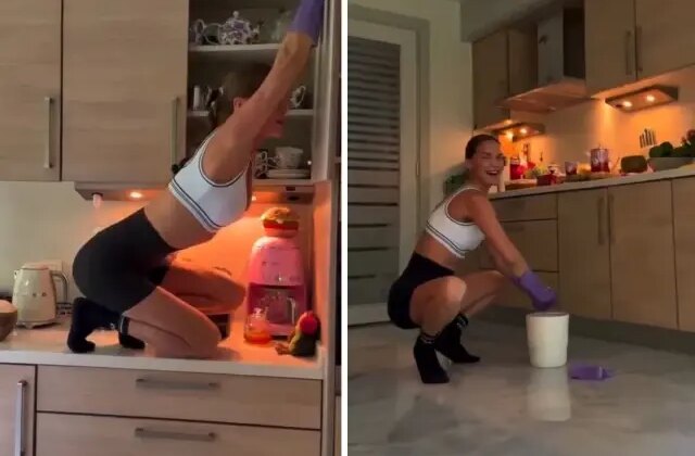 Ebru Şallı hem temizlik hem pilates yaptı