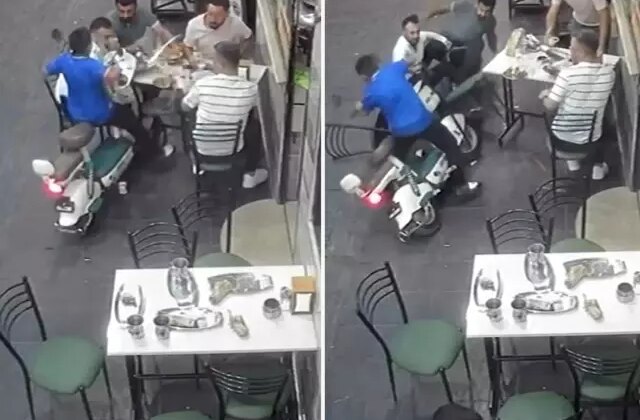Elektrikli bisikletiyle, yemek yiyenlerin arasına daldı