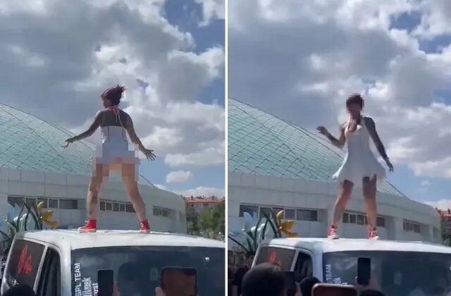 Bu nasıl fuar? Kadını onlarca erkeğin gözü önünde aracın üstüne çıkarıp…