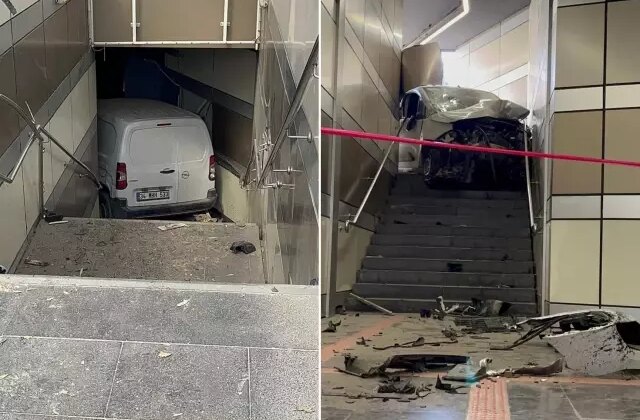 Lastiği patlayan araç metroya daldı, merdivenlerde sıkıştı