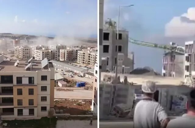 Tozu dumana kattı! Patlamanın etkisiyle sarsılan kule vinç, binanın üzerine devrildi!
