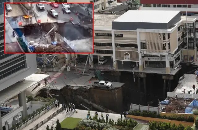 Yol çöktü, kentin göbeğinde 50 metrelik çukur oluştu! Olay anı kamerada