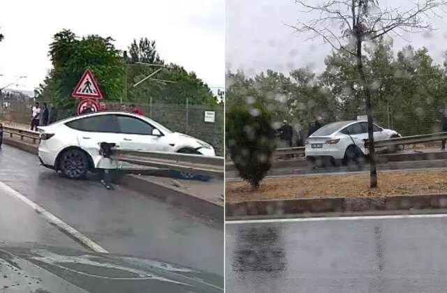 Böyle kaza görülmedi! Bariyer Tesla’yı delip geçti