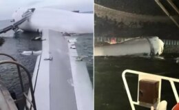 Hong Kong’a inişi sırasında pistten çıkan kargo uçağı denize sürüklendi