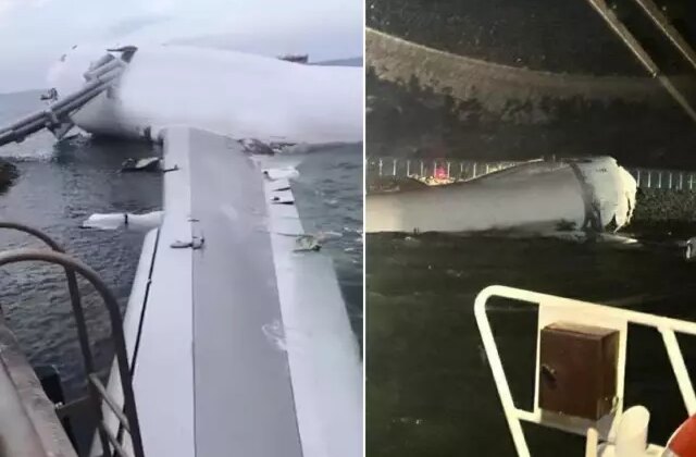 Hong Kong’a inişi sırasında pistten çıkan kargo uçağı denize sürüklendi