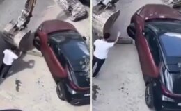İş makinesi ile araç çekmeye kalktılar, ellerine yüzlerine bulaştırdılar