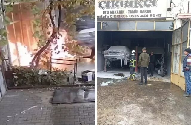 Oto tamirhanesinde dehşet anları! Az daha yanacaklardı
