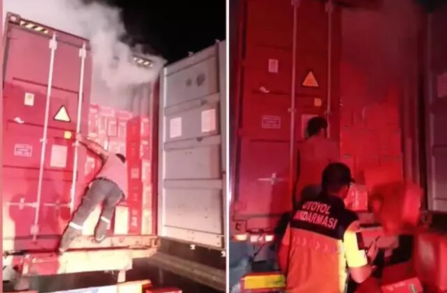 Seyir halindeki tır alev aldı: Makarnaları dorseden atarak kurtarmaya çalıştı