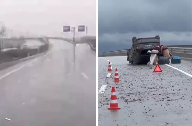Su birikintisine girip refüje çarptı, defalarca takla attı! Feci kaza araç içi kameraya yansıdı