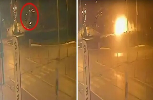 Tank anıtına çarpan otomobil alev aldı! İşte o anlar