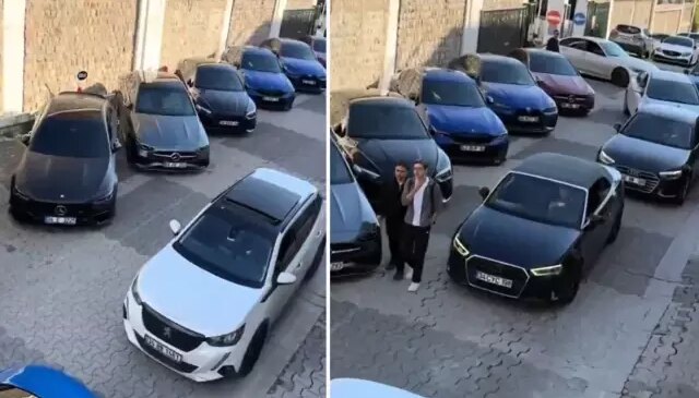 Üniversitenin otoparkında sıra sıra dizilen otomobillere bakın