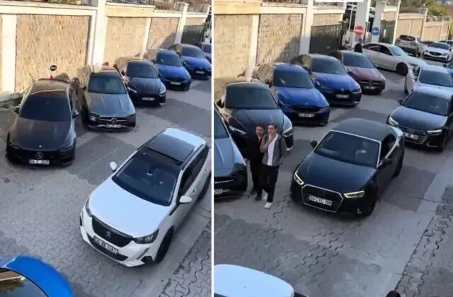 Üniversitenin otoparkında sıra sıra dizilen otomobillere bakın