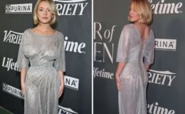 Ünlü oyuncu, altına sutyen giymediği elbisesi ile büyüledi