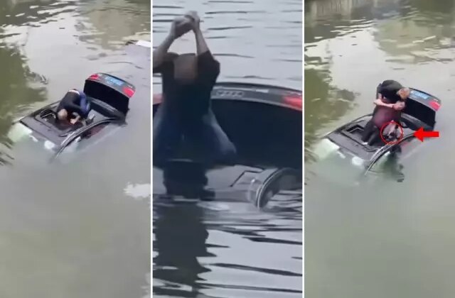 Nehre düşen araçta sıkışan sürücüyü böyle kurtardı! Telefonunu bir an bırakmadı
