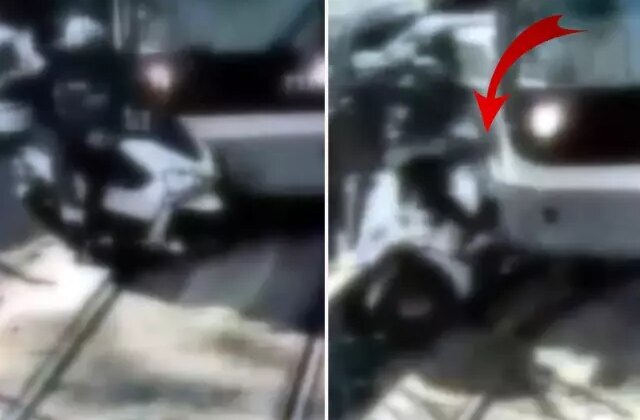Beyoğlu’nda tramvayın motosiklete çarpma anı kamerada