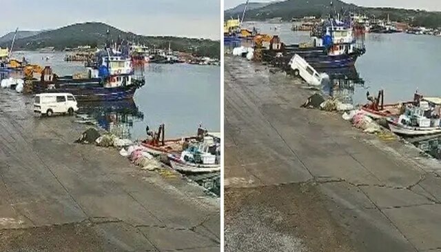 Kamyonet denize böyle uçtu! İşte o anlar