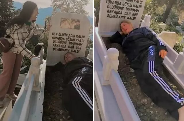 Eşinin mezarında toprağın üstüne yatarak hüngür hüngür ağladı