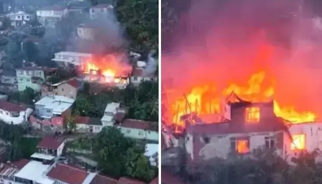 Evler alev topuna döndü! Korkutan yangın dronla böyle görüntülendi