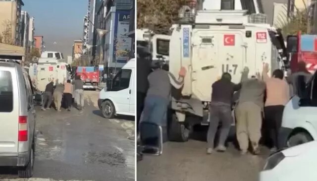Görüntü Hakkari’den! Arızalanan zırhlı polis aracını vatandaşlar itti