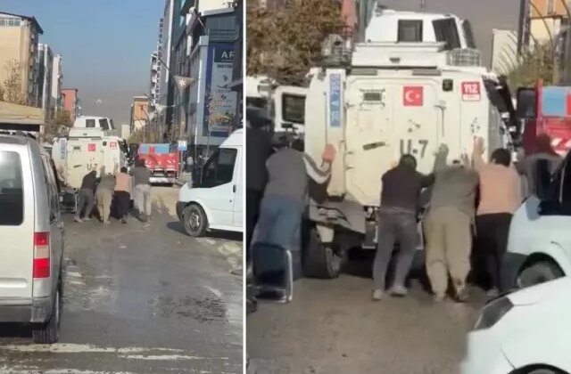 Görüntü Hakkari’den! Arızalanan zırhlı polis aracını vatandaşlar itti