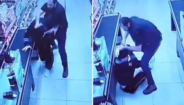 Oğlunu darbettiğini öne sürdüğü market çalışanını yumruklayıp tekmeledi