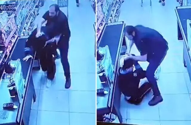 Oğlunu darbettiğini öne sürdüğü market çalışanını yumruklayıp tekmeledi
