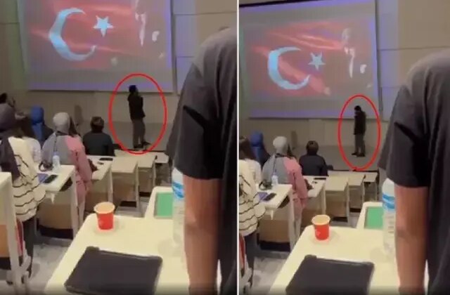 Saat 9’u 5 geçe herkes saygı duruşunda bulunurken, o telefon elinde volta attı