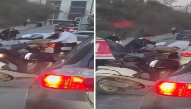 Trafik boks ringine döndü! Tekmeler, yumruklar havada uçuştu