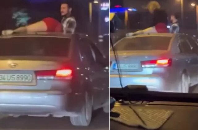 Seyir halindeki otomobilin tavanında twerk yapmaya çalıştı