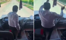 Taraftarları deplasmana götüren şoför araç seyir halindeyken ayağa kalkıp oynadı