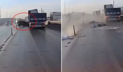 Tıra çarpan araç paramparça oldu