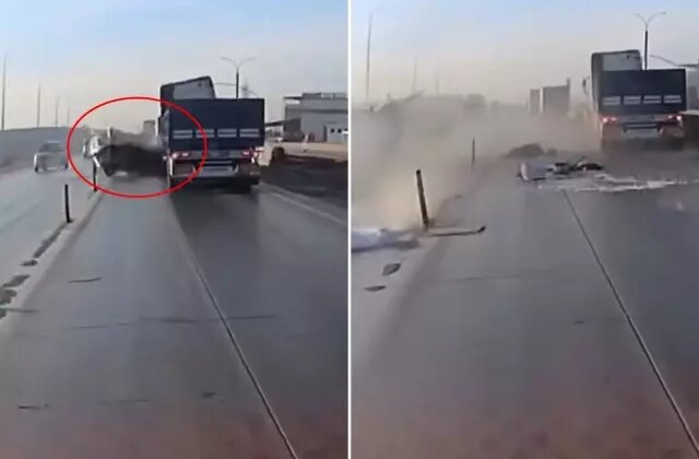 Tıra çarpan araç paramparça oldu