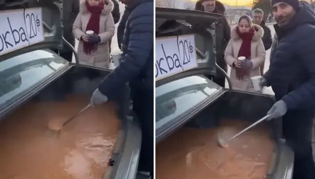Arabanın bagajında çorba pişirip dağıttı