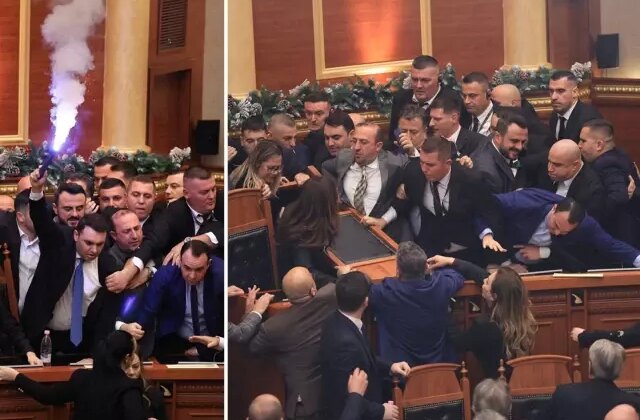 Arnavutluk Meclisi’nde görülmemiş kaos! Meşale yakıp birbirlerine girdiler