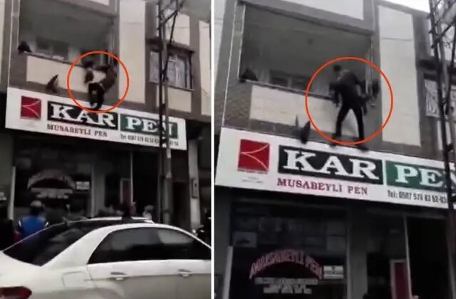 Balkon demirlerine asılı kalan çocuğu sokaktaki kahraman kurtardı