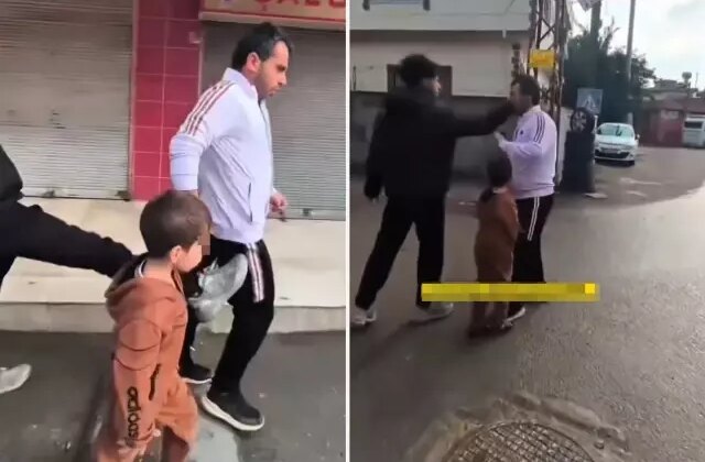 Çocuğunun gözü önünde tekme tokat dövdü