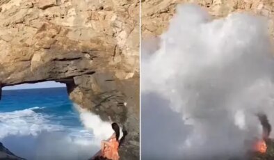 Fotoğraf uğruna canından oluyordu: Dev dalga turisti denize sürükledi