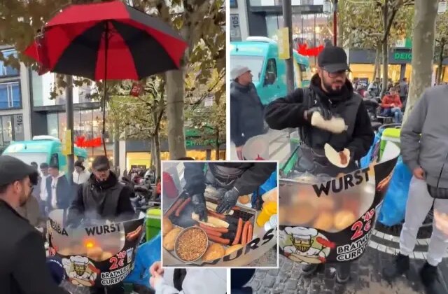 Frankfurt’ta mobil sosisli satıcısı viral oldu: Taşınabilir ızgarası ve dev şemsiyesiyle dikkat çekti