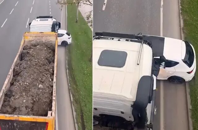 Hafriyat kamyonu, önüne kattığı otomobili 100 metre sürükledi