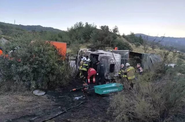 Kaza yaptıktan sonra alevlere teslim olan tırdaki 2 kişi öldü, taşınan anguslar otobana yayıldı