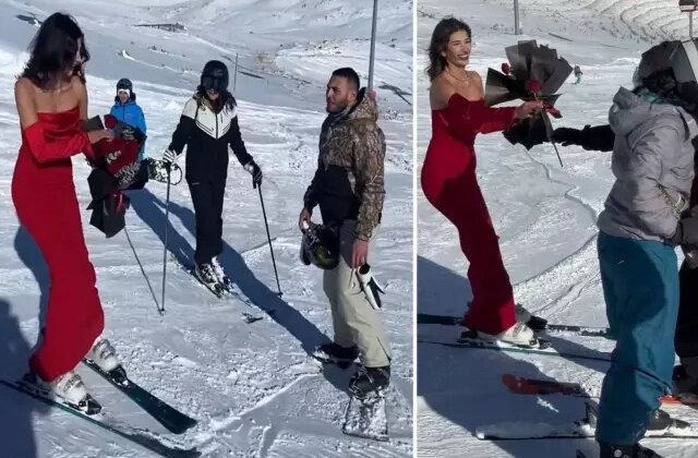 Kırmızı elbisesiyle Erciyes’te kayak yapıp, gül dağıttı