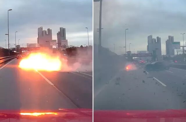 Makas atan sürücü bariyerlere çarptı, motoru alev alıp yola fırladı