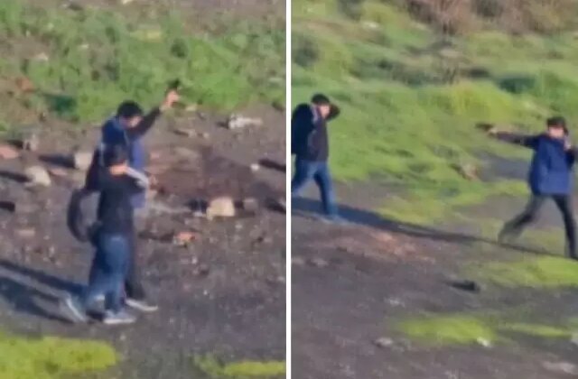 Ortaokulun yanında şok görüntü! Küçücük çocuklar silah çekip ateş açtı