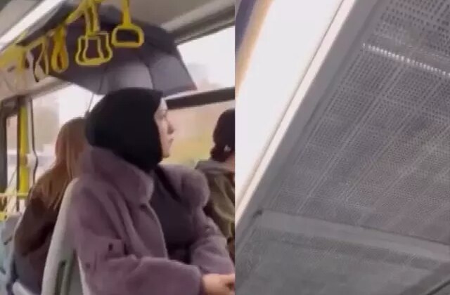 Otobüste yağmur yağdı, yolcular şemsiye açtı