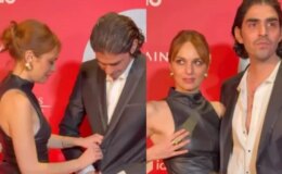 Poz sırasında samimi an! Nilperi Şahinkaya’nın sevgilisine yaptığı hareket dikkatlerden kaçmadı