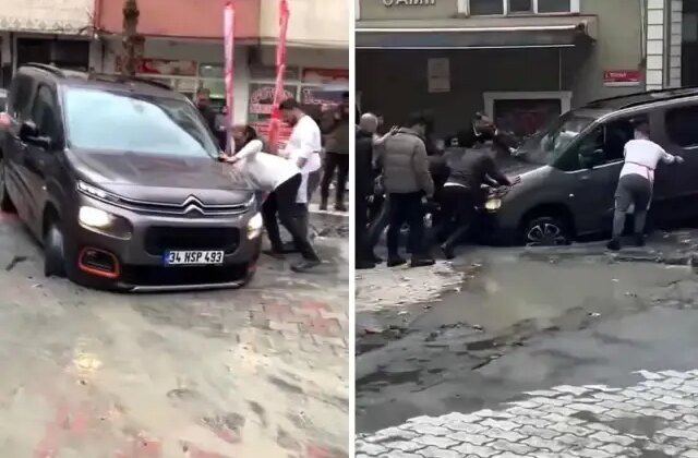 Yağmur sonrası yol çöktü, araçlar çukura düştü